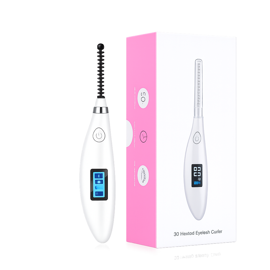 Celvess Cosmetic heated eyelash curler with ceramic pad, designed for gentle, no-breath curling of eyelashes.