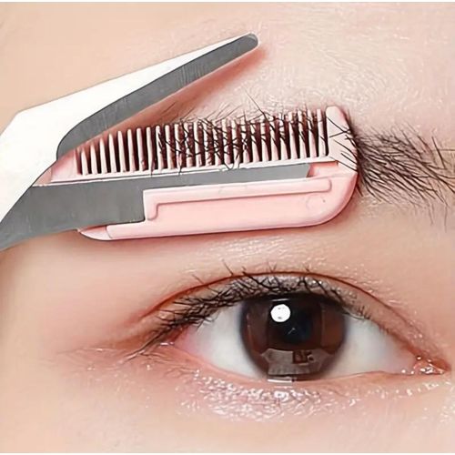 Stainless steel eyebrow trimming kit with precision scissors and tweezers by Celvess Cosmetic for grooming and shaping eyebrows.