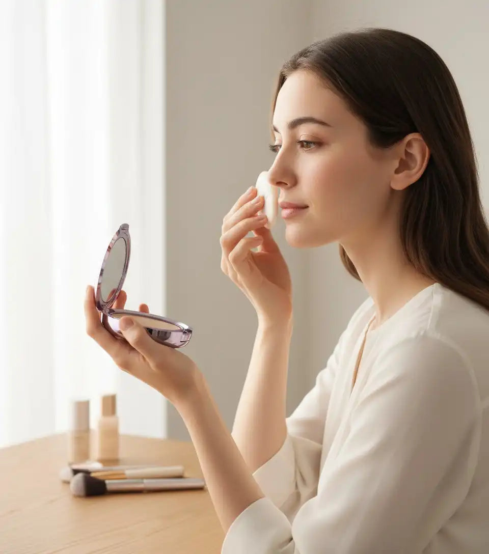 Covermark luminous compact powder in 10g case, natural skin tone with a smooth finish, from Celvess Cosmetic.