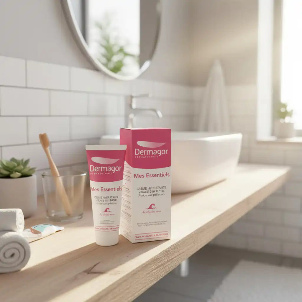 Cream tube labeled DERMAGOR Mes Essentiels Crème Hydratante 24h Riche, 40ml, from Celvess Cosmetic, showing the product packaging.