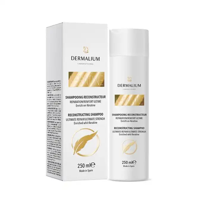 Celvess Cosmetic DERMALIUM reconstructive keratin shampoo for hair growth in a 250ml bottle, shown in a sleek, professional packaging.