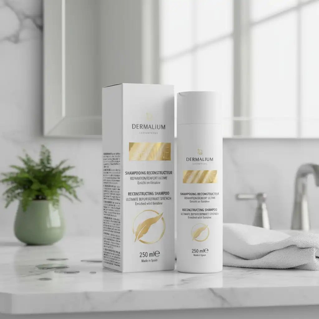 Celvess Cosmetic DERMALIUM Keratin Reconstructing Shampoo 250ml for hair growth and strengthening, with a clear bottle and shampoo lather.