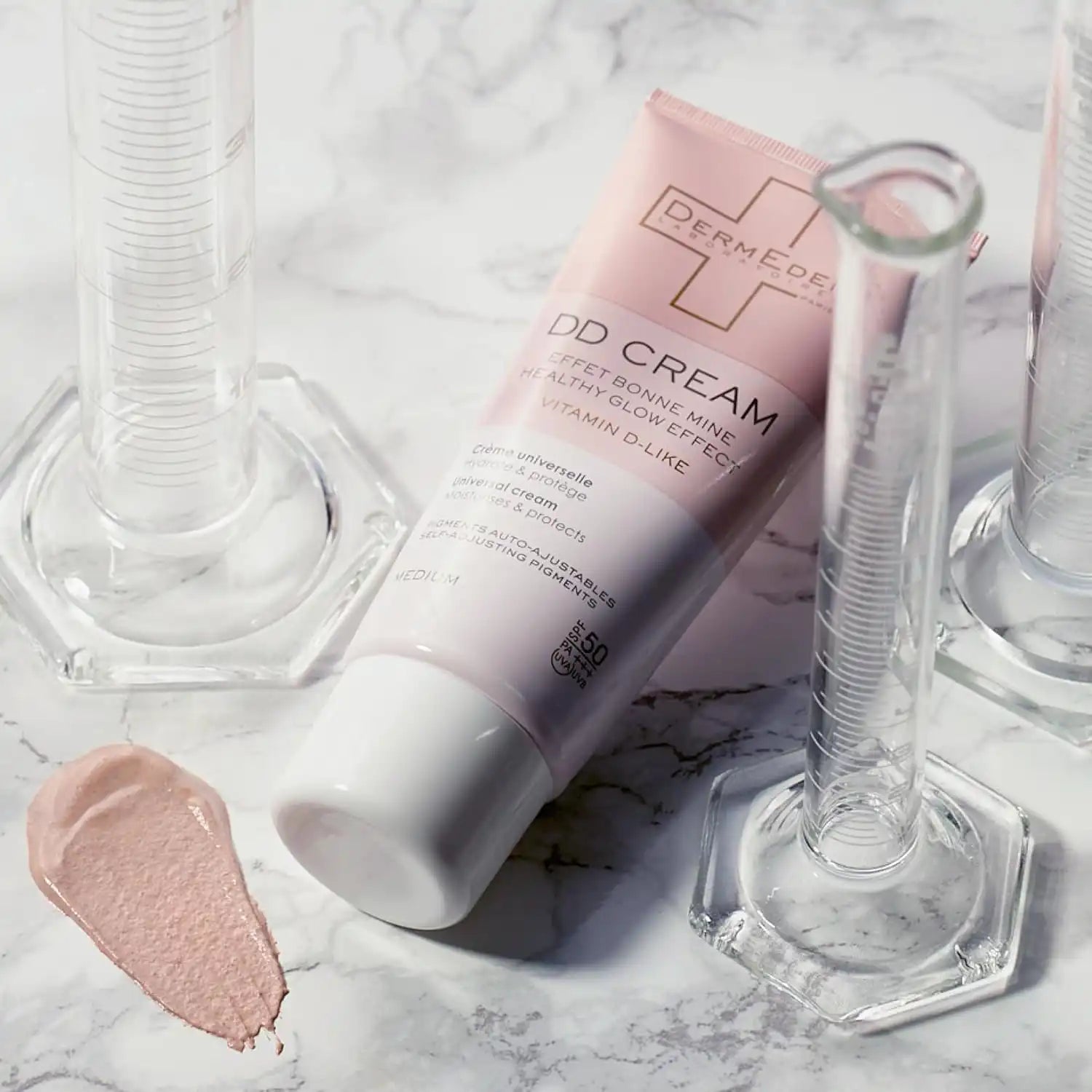 Celvess Cosmetic DERMEDEN DD Cream SPF 50 tinted hydrating moisturizer with high sun protection, displayed in a sleek tube.