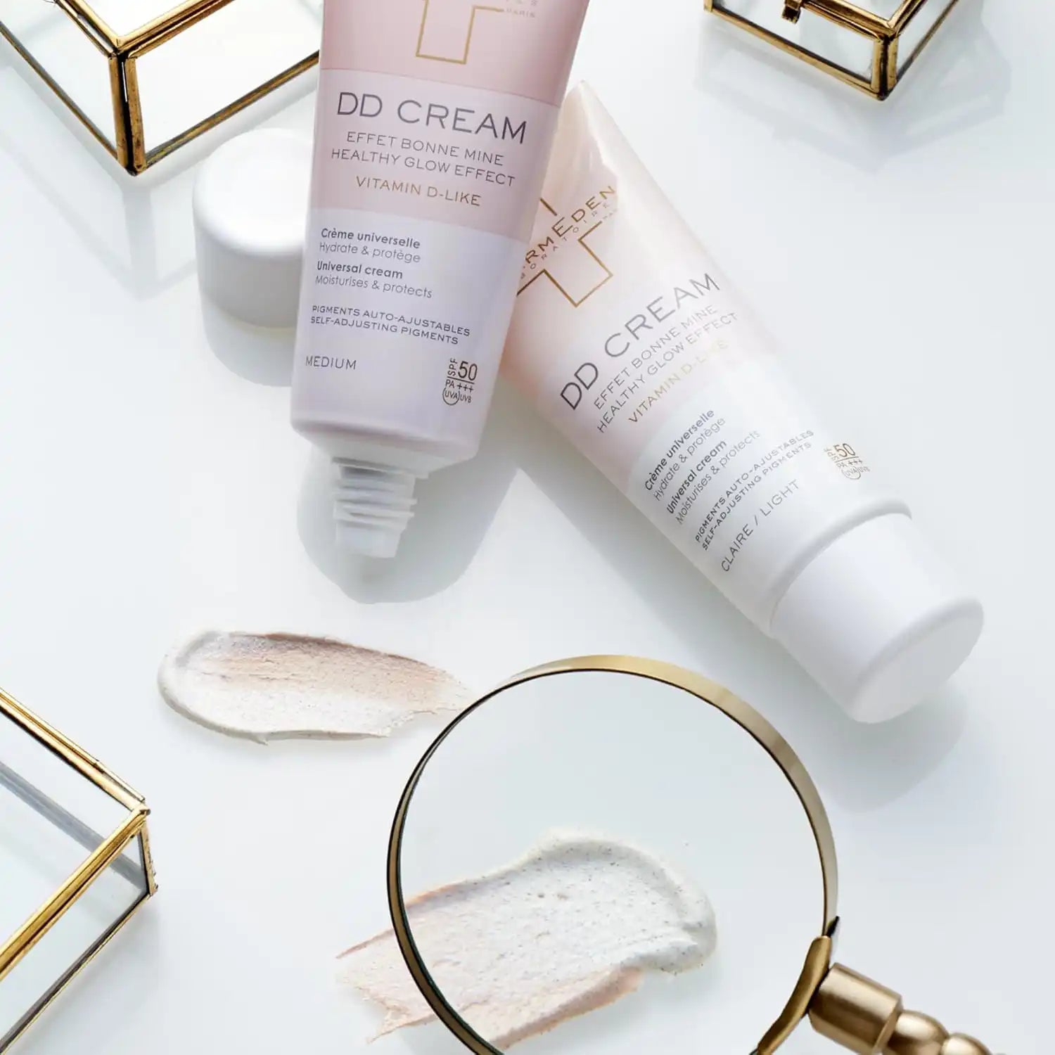 Celvess Cosmetic DERMEDEN DD Cream SPF 50 tinted hydrating moisturizer with high sun protection, visible in a sleek tube.