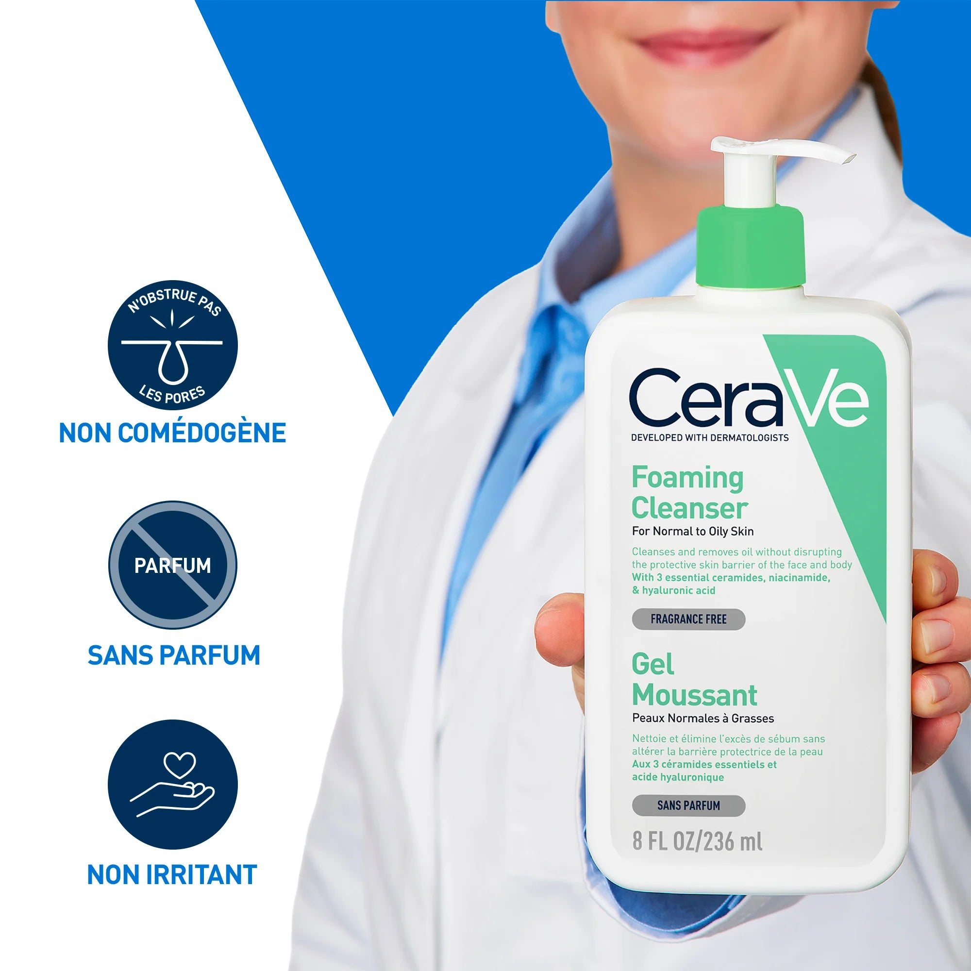 CeraVe Gel Moussant Nettoyant Visage pour peau normale à grasse, 236ml, en flacon transparent avec mousse.