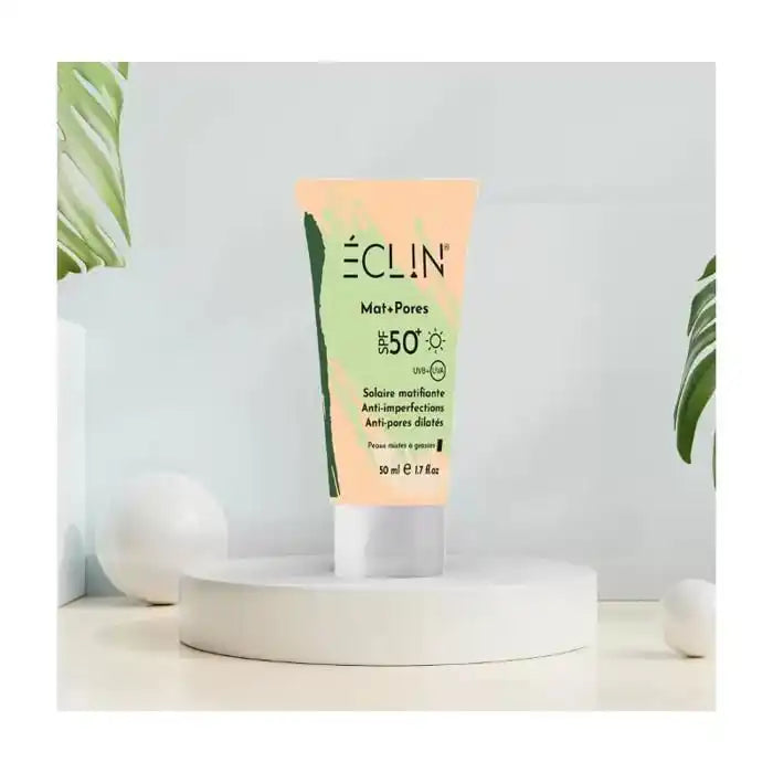 Celvess Cosmetic ÉCLIN Mat+Pores SPF50+ face sunscreen in 50ml tube, featuring matte finish and anti-imperfections formula.