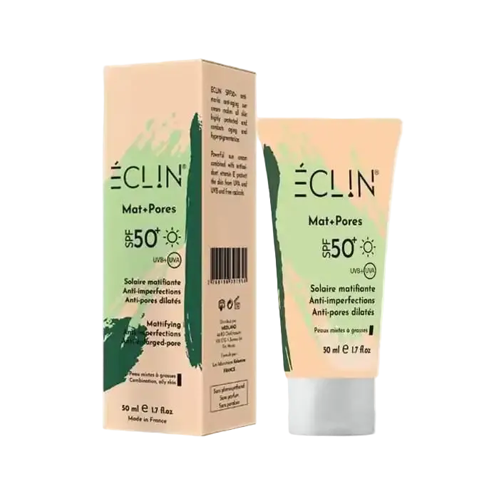 Celvess Cosmetic ÉCLIN matte facial sunscreen with SPF 50+ showing the 50ml tube with a minimalist design and product label.