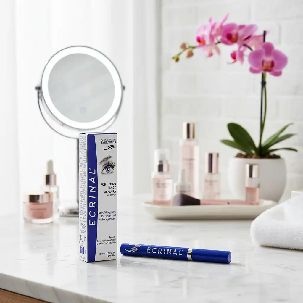 ECRINAL Noir Fortifiant mascara by Celvess Cosmetic, 7ml, featuring a sleek black mascara tube and brush for lash enhancement.