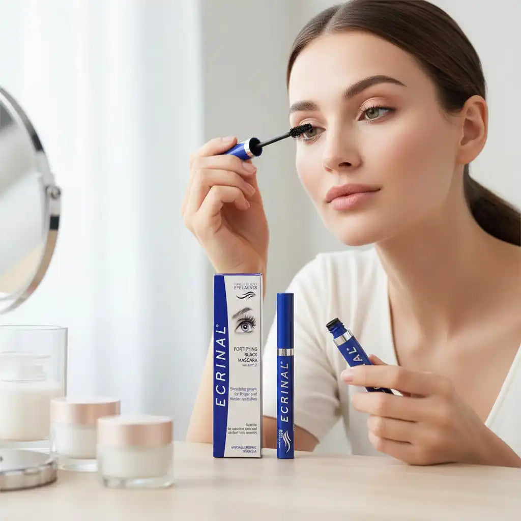 ECRINAL Mascara Noir Fortifiant by Celvess Cosmetic showing black mascara tube with product branding and applicator brush.