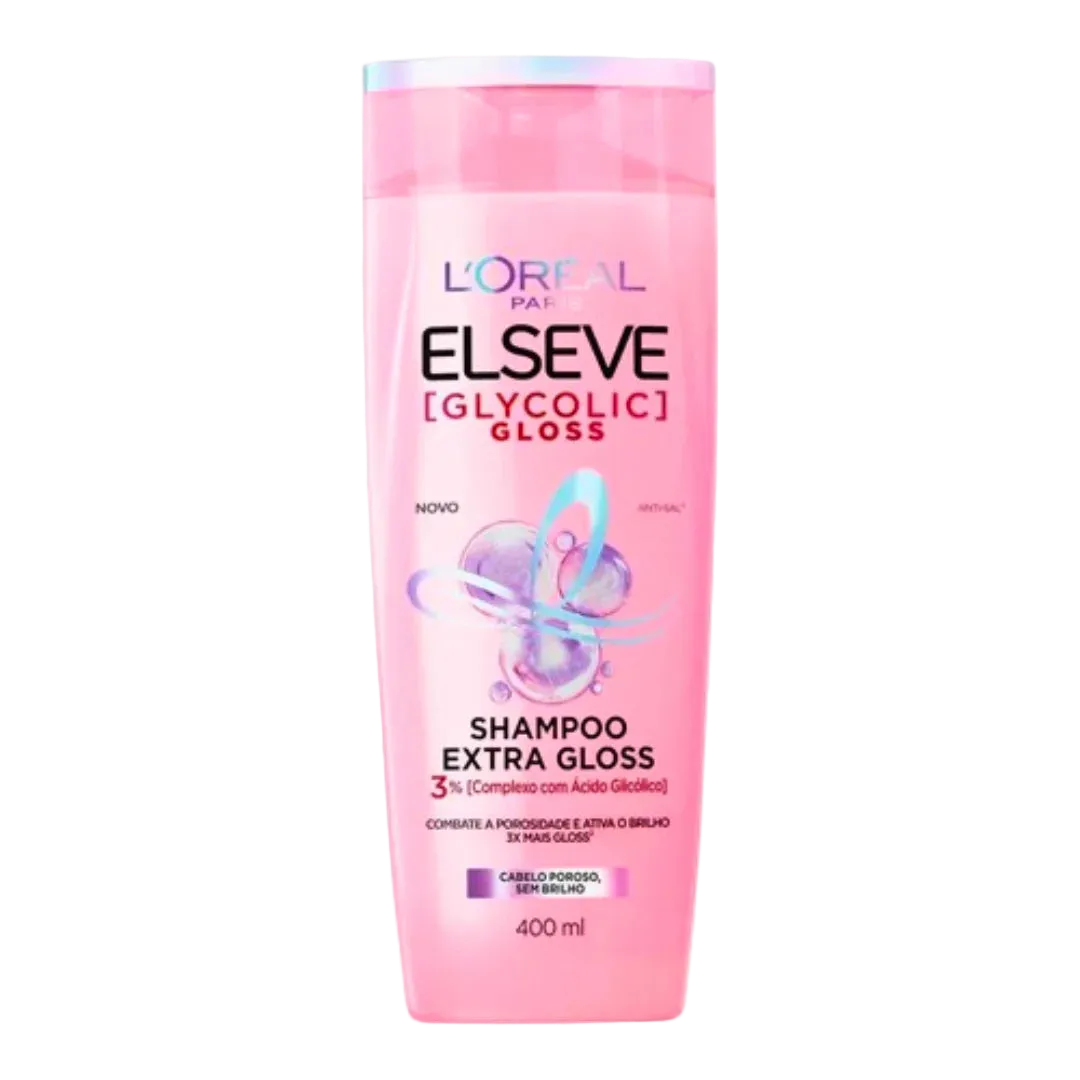 Celvess Cosmetic ELSEVE Glycolic Gloss Shampoo 400ml bottle with shiny hair on a white background.