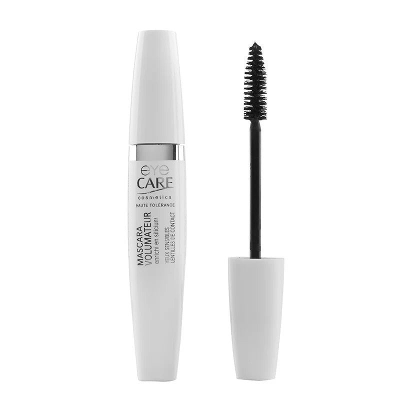 Celvess Cosmetic Eye Care Mascara Volumateur with blue note, 9g, showing thickened, volumized eyelashes on a model's eye.
