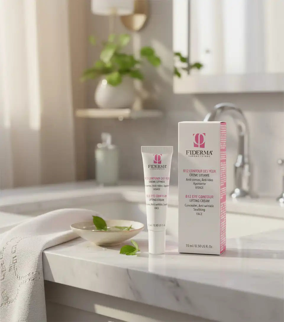 FIDERMA B12 eye contour cream by Celvess Cosmetic, 15ml, featuring a smooth, lifting eye care formula for youthful appearance.