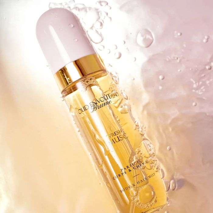 Celvess Cosmetic Fresh Musc Brume Oud Envoutant spray for body and hair in 80ml bottle, featuring a musky, oud scent.
