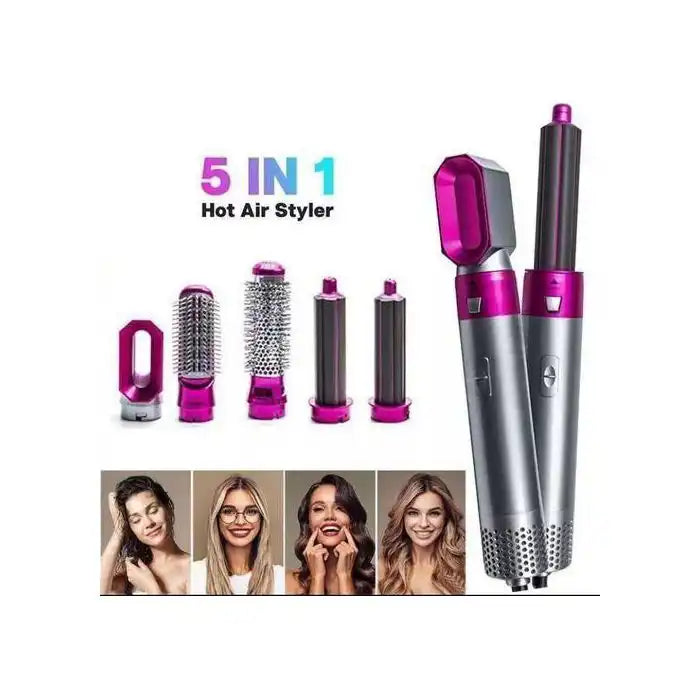 Electric 5-in-1 curling iron and blow-drying brush by Celvess Cosmetic with multiple styling attachments.
