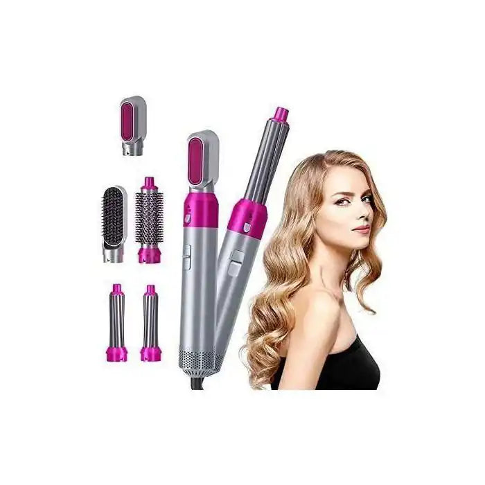 Electric 5-in-1 curling iron and hair drying brush by Celvess Cosmetic, with multiple styling attachments for versatile hair styling.