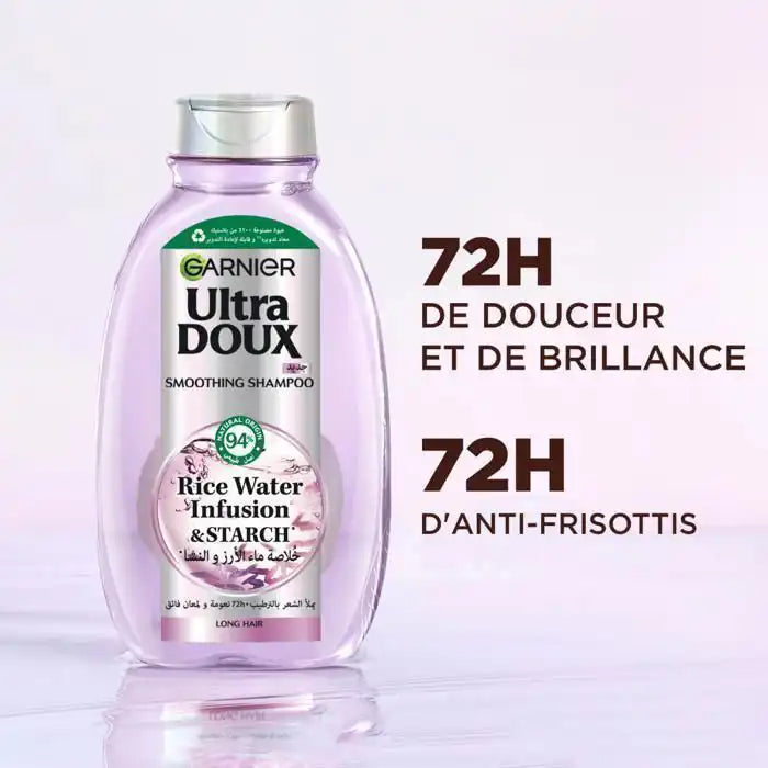 GARNIER Ultra Doux Rice Water shampoo in 400ml bottle, featuring a sleek design and label with rice water benefits.