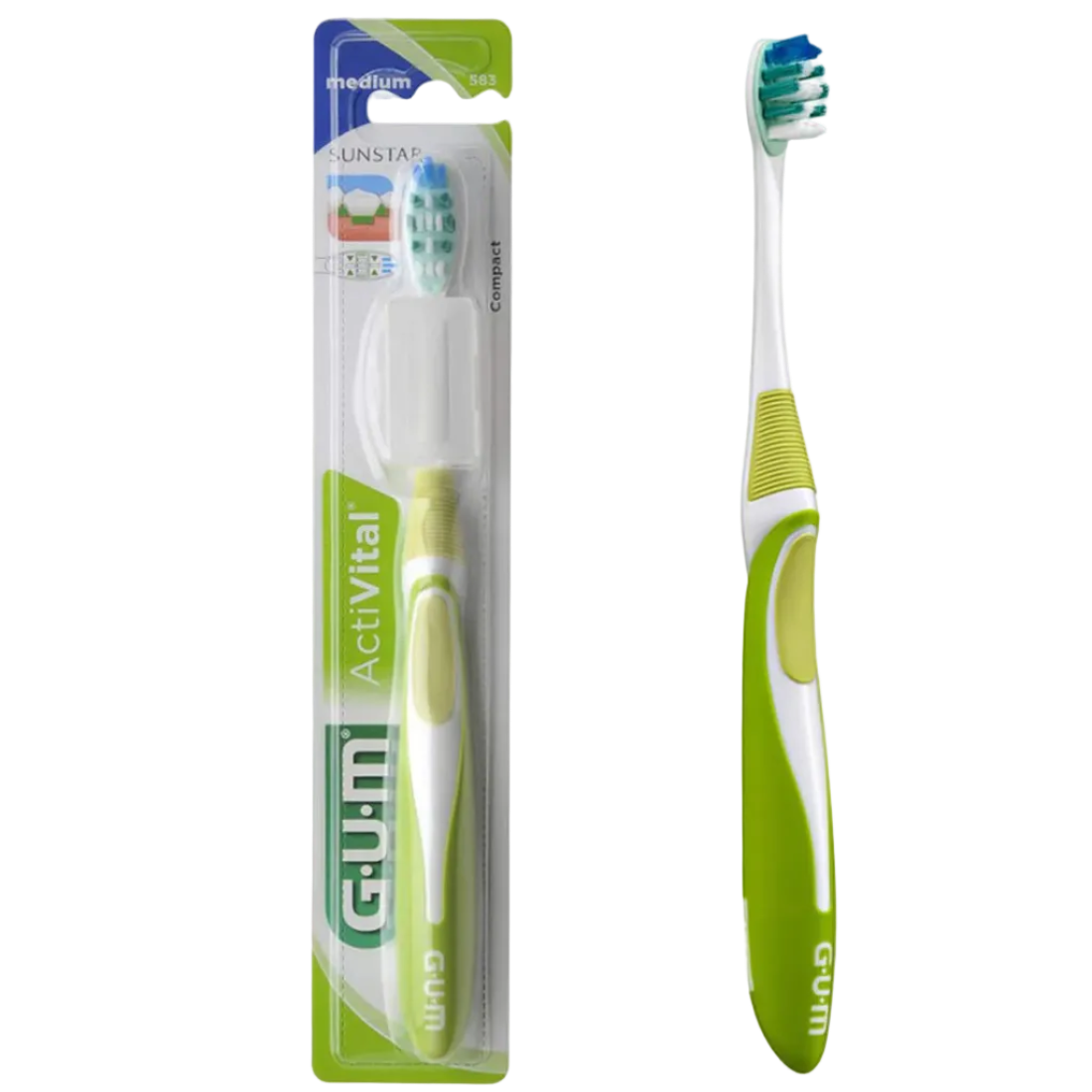 Soft GUM Activital toothbrush by Celvess Cosmetic with ergonomic handle and colorful bristles for gentle, effective dental cleaning.