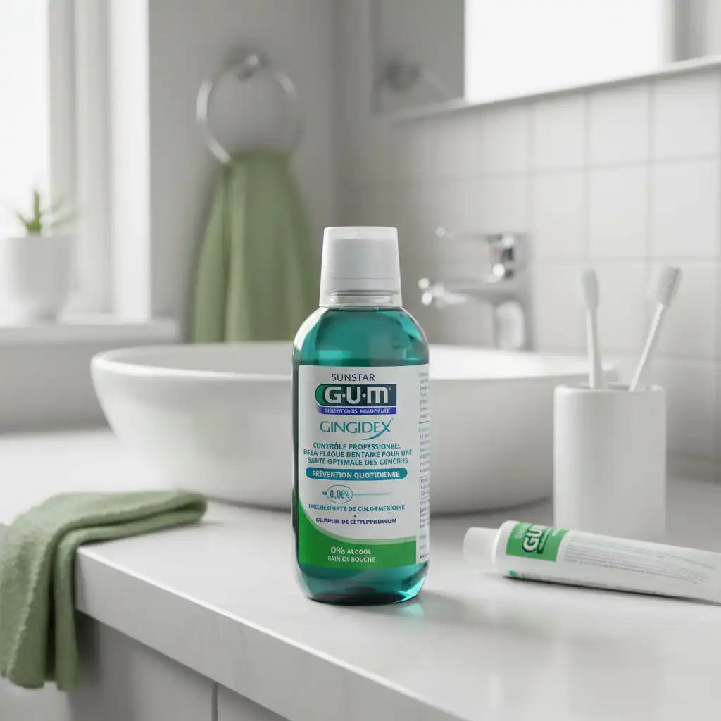 Celvess Cosmetic GUM Bain de Bouche Gingidex mouthwash bottle, 300ml, with label and cap visible in the image.