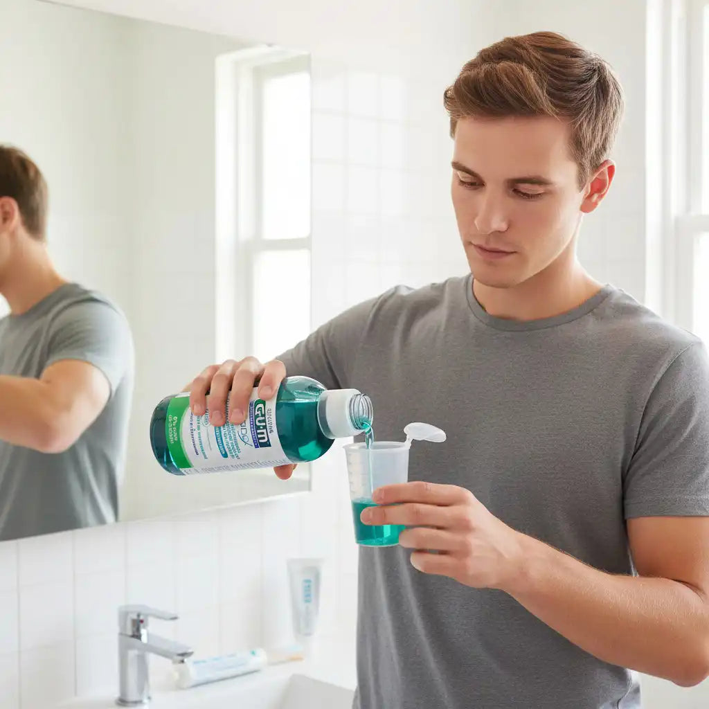 GUM Gingidex mouthwash bottle from Celvess Cosmetic, 300ml, with label showing mint and herbal ingredients.