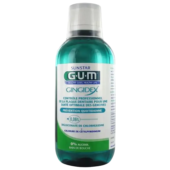 GUM Bain de Bouche Gingidex mouthwash by Celvess Cosmetic in a 300ml bottle, showing the product label and packaging.