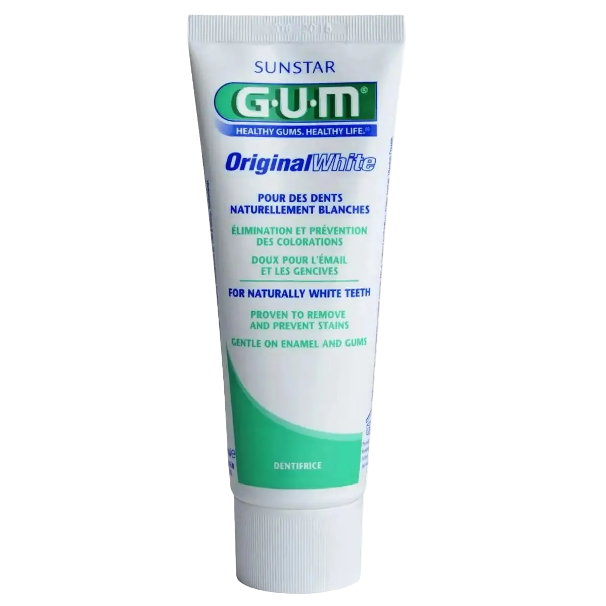 Celvess Cosmetic GUM Original White Dentifrice in a 75ml tube, featuring a clean, white toothpaste design for brightening teeth.