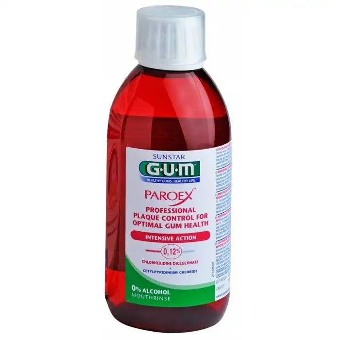 Celvess Cosmetic GUM Paroex mouthwash bottle, showing the label and cap, designed for oral hygiene and freshening breath.
