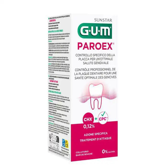 Celvess Cosmetic GUM Paroex mouthwash bottle with label, for oral hygiene and gum health, shown against a white background.