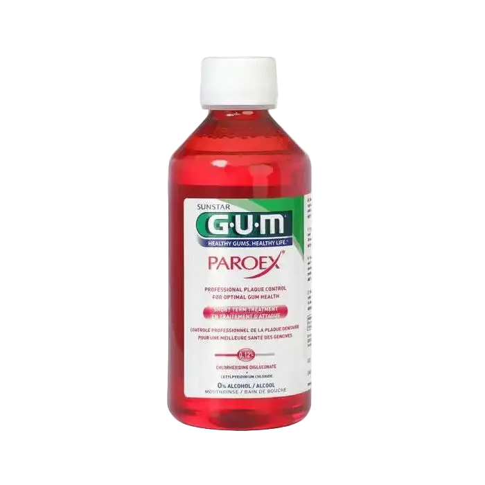 GUM Paroex mouthwash bottle from Celvess Cosmetic, showing the label and cap, designed for oral health and hygiene.