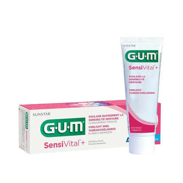 GUM Sensivital+ dentifrice tube showing packaging and mint flavor label, designed for sensitive teeth, by Celvess Cosmetic.