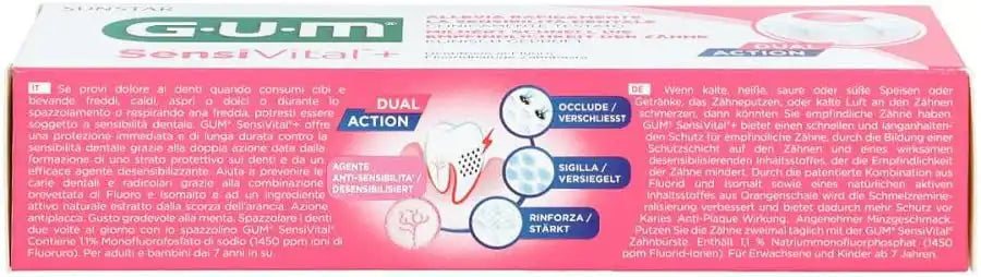 GUM Sensivital+ Dentifrice tube showing packaging with white and blue design, designed for sensitive teeth, by Celvess Cosmetic.