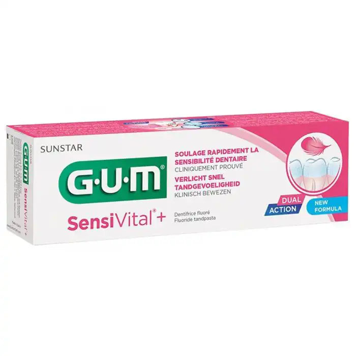 GUM Sensivital+ dentifrice tube from Celvess Cosmetic showing the toothpaste packaging on a white background.