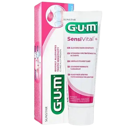 GUM Sensivital+ dentifrice tube from Celvess Cosmetic, showing the toothpaste packaging with white and blue design elements.