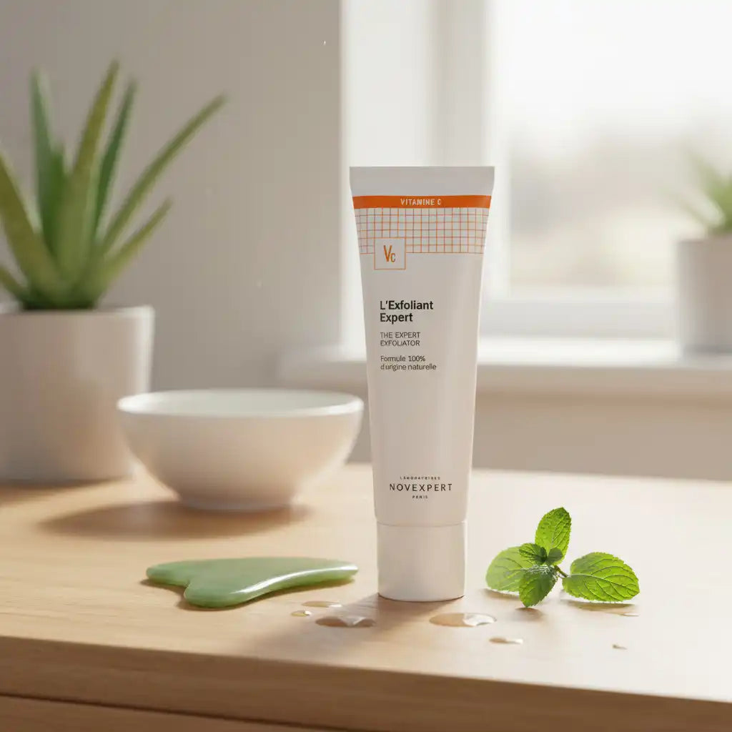 Novexpert Expert vegan exfoliant in a 50ml tube, natural origin gommage exfoliant for smooth skin, by Celvess Cosmetic.