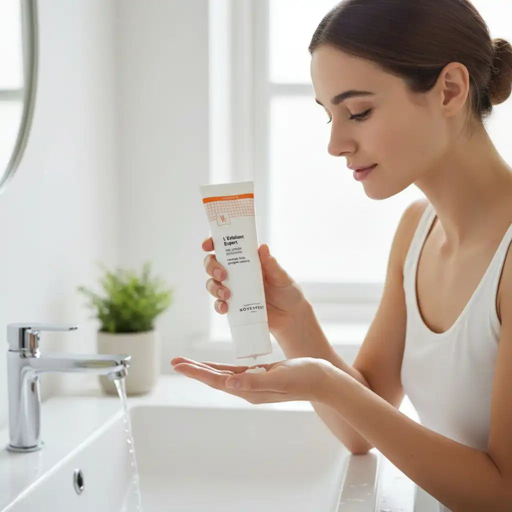 Novexpert Expert vegan exfoliant gommage with natural ingredients, 50ml jar, for gentle skin exfoliation, from Celvess Cosmetic.
