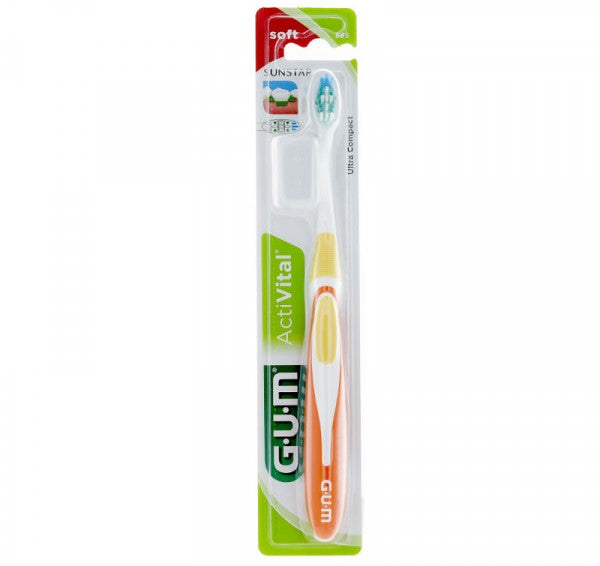 Celvess Cosmetic GUM Activital toothbrush showing bristles and ergonomic handle for effective dental cleaning.