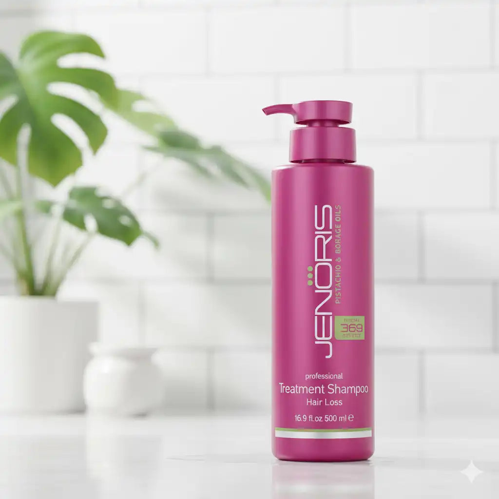 Celvess Cosmetic JENORIS anti-hair fall treatment shampoo in 250ml bottle with label visible.