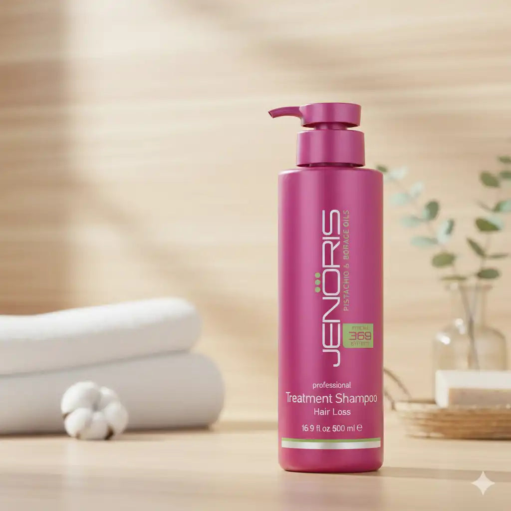 Celvess Cosmetic JENORIS anti-hair loss treatment shampoo bottle, 250ml, with detailed label and product packaging.