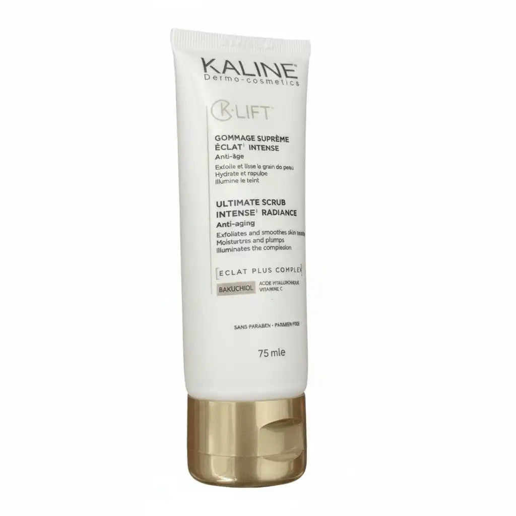 KALINE K-lift Gommage Suprême Éclat Intense exfoliant in a 75ml jar by Celvess Cosmetic, showcasing the skincare product.