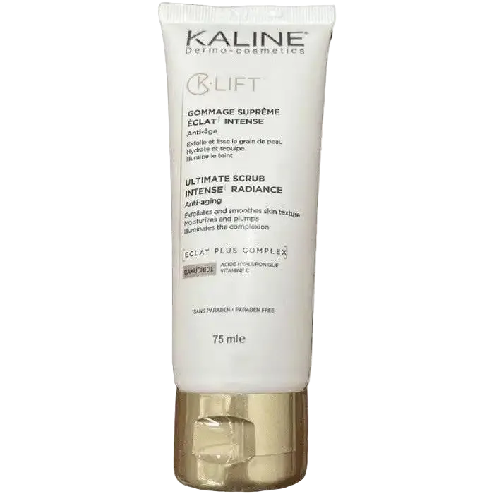 Celvess Cosmetic KALINE K-lift Gommage Suprême Éclat Intense 75ml exfoliant with natural ingredients for radiant skin.