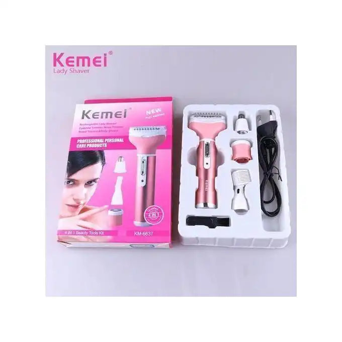Kemei KM-6637 4-in-1 multifunction epilator and shaver, compact electric device with multiple attachments for hair removal.
