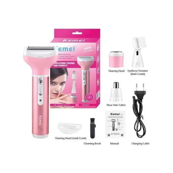 Kemei KM-6637 4-in-1 multifunction epilator and shaver in a sleek design, suitable for hair removal and facial grooming.