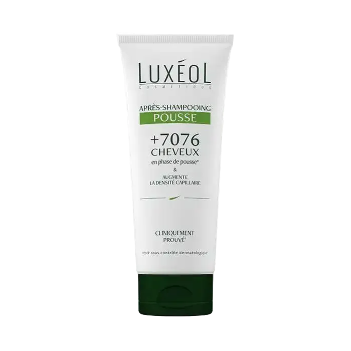 Luxéol after-shampooing for hair growth by Celvess Cosmetic, 200ml bottle with creamy texture and healthy hair appearance