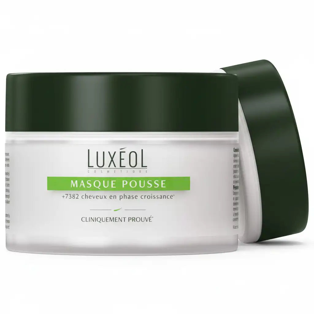 Luxéol Pousse Masque Croissance Cheveux by Celvess Cosmetic, 200ml, promoting hair growth with visible bottle and product label.