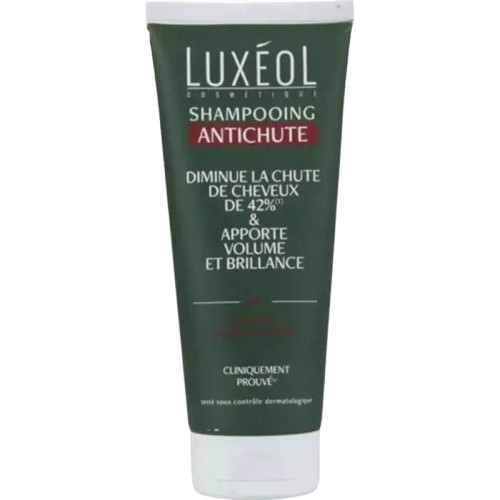 Luxéol anti-hair fall shampoo bottle showing volume, shine, and healthy hair, 200ml, from Celvess Cosmetic.