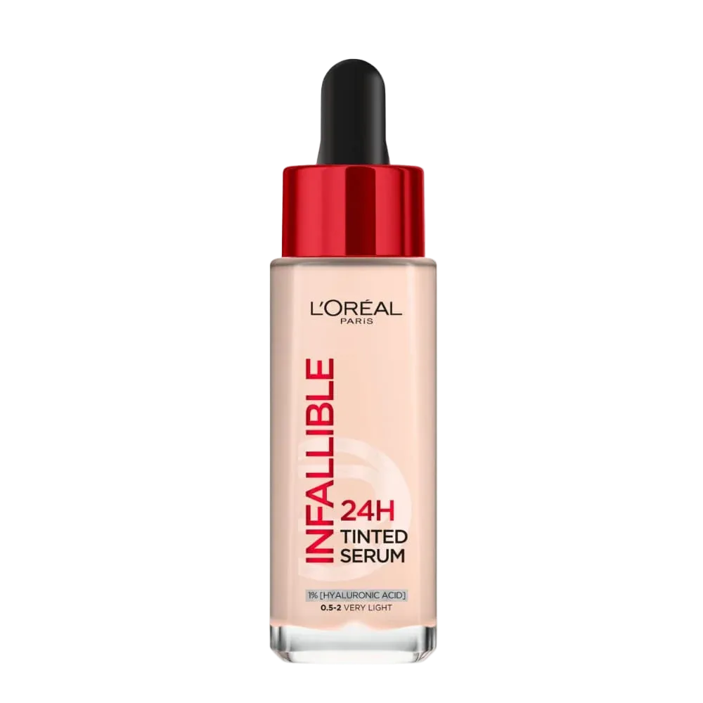 L’Oréal Paris Infaillible Fond De Teint Sérum Teinte foundation bottle with applicator, showcasing the serum-based liquid foundation.