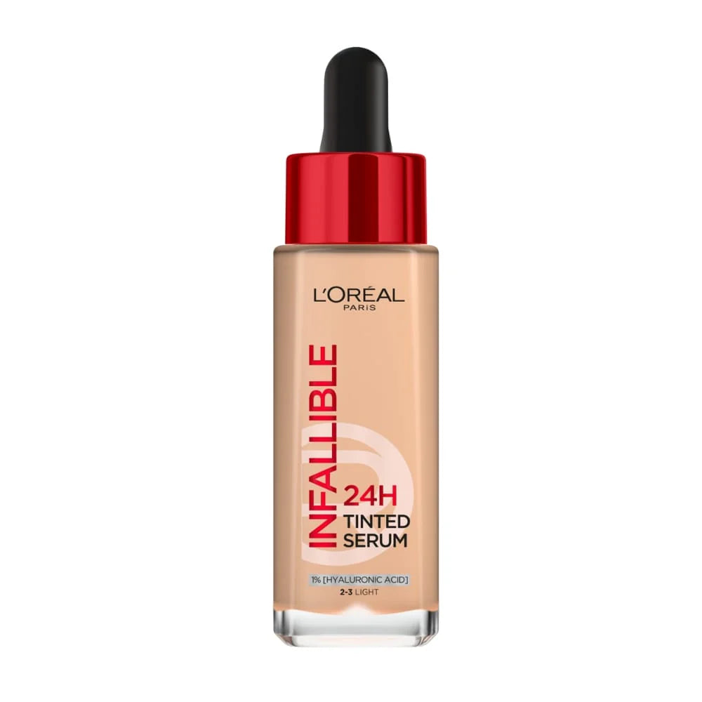 L’Oréal Paris Infaillible serum foundation in a beige shade, showcased in a sleek bottle with a pump dispenser.