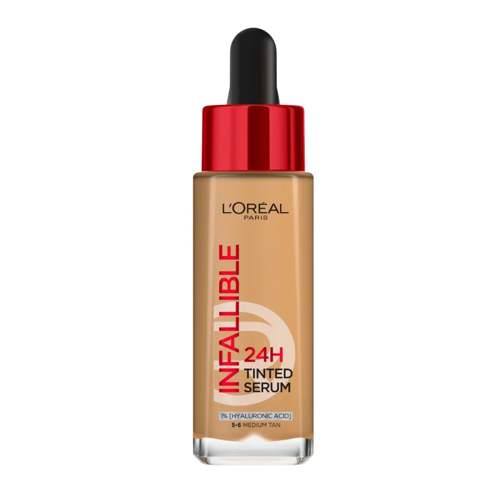 L’Oréal Paris Infaillible Fond de Teint Sérum Teinte foundation in a sleek bottle with a pump, suitable for a natural, radiant finish.