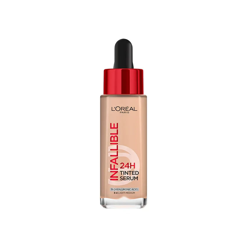 L'Oréal Paris Infaillible Fond de Teint Sérum Teinte liquid foundation in shade 5, with a sleek bottle and applicator.