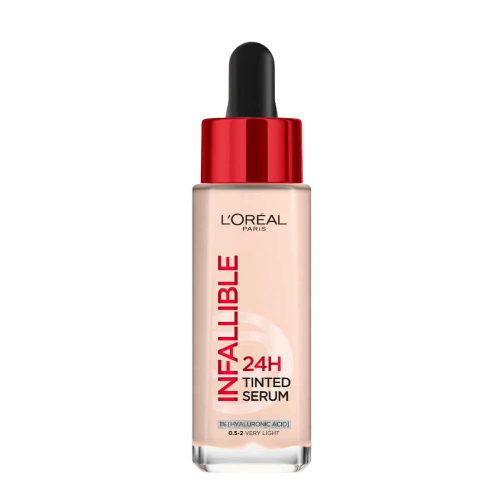 L’Oréal Paris Infaillible serum foundation in a beige shade, with a sleek bottle and pump dispenser for a flawless complexion.