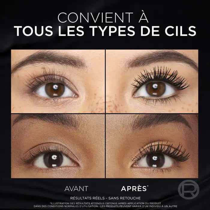 L’Oréal Paris Panorama Mascara Volume Millions de Cils All Night Black in 9.9ml tube, with black mascara wand and bristle brush visible